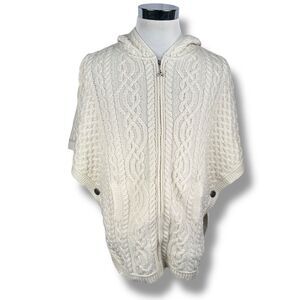 Aran Crafts Zip Front Poncho Sweater Hood Women's Small Ivory Cable Merino New